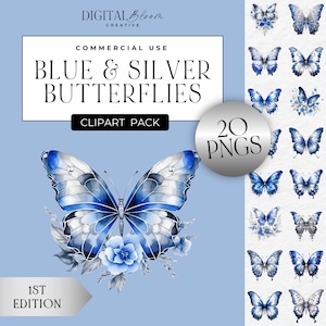 Blau & Silber Schmetterling Clipart, Schmetterlinge Grafiken, transparente PNG Hochzeit einladen, Party Dekoration Social Media Overlay, digitale Clip Art