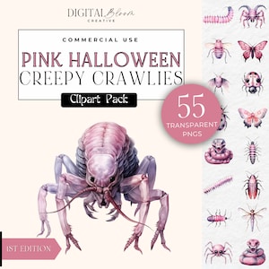 Rosa Halloween Gruselige Krabbeltiere Clipart Spooky PNG Grafiken Clip Art Aquarell Fehler Schlange Spinne Clipart Dekor Beängstigend Digitale Kommerzielle Nutzung