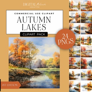 Autumn Lake Landscape Clipart, Watercolor Fall Scene, Outdoors Scenery Clip Art PNG, Birthday Invitation, Father&#39;s Day, Commercial Use