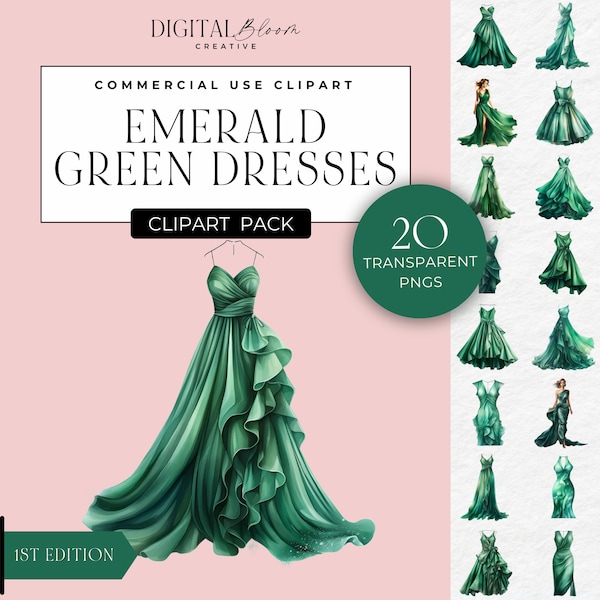 Emerald Green Princess Dress Clipart Luxury Quinceañera Evening Gown Ladies Wear Fashion Party Clip Art PNG Graphics Invite Commercial Use