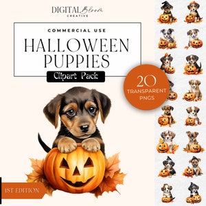 Halloween Puppy Clipart, Watercolor Puppies, Pumpkin Dog, Spooky Animals, Fall Autumn Clip Art, Digital Download, Scrapbook, Commercial Use