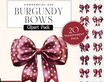 Ribbon Bow Clipart Transparent png, Burgundy Red, Watercolor Coquette Bow, Digital Download, Scrapbook Wedding Clip Art, Commercial Use
