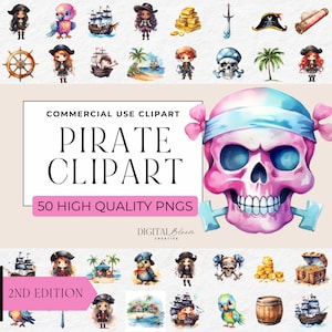 Kids Pirate Clipart, Buccaneer Ship, Treasure Map, Skull, Crossbones, Parrot, Sword, Junk Journals, Party Graphics, Event Invitation, Decor
