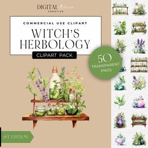Herbology Clipart, Botanical Art PNG, Digital Grimoire, Witch Graphics, Magic Potions, Magical Halloween Shelves, Pagan Plant, POD, Clip Art
