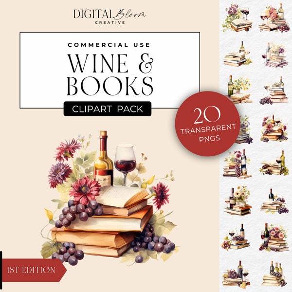 Wine And Books Clipart, Book Lover Clip Art, Bookworm Teacher, Flowers, Grapes, Glass of Wine, Bottle, Watercolor Clipart, Commercial Use