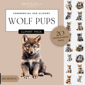 Baby Wolf Watercolor Clipart Wolves PNG Graphics Wild Woodland Invite Party Decor Images Clip Art Digital Instant Download Commercial Use