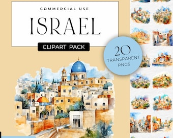 Israel Clipart, Israeli Culture PNG, Israel City Landscape, Jewish Country, Hebrew Clip Art, Watercolor Israel, Scrapbook PNG,Commercial Use