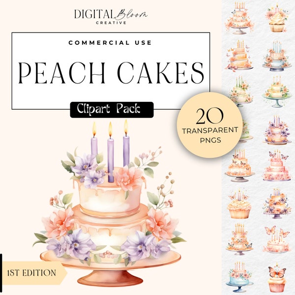 Peach Wedding Cake Clipart Watercolor Birthday Cupcakes Bakery Dessert Butterfly PNG Engagement Invite Party Spring Floral Baby Clip Art