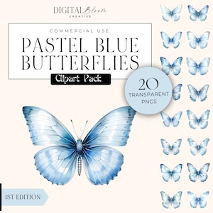 Clipart de borboleta azul claro Pastel borboletas gráficos transparentes PNG convite de casamento decoração de festa mídia social clip art uso comercial
