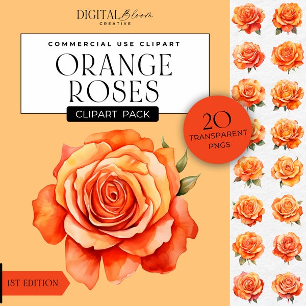 Orange Rose Flower Clipart Floral Baby Shower Bright Roses PNG Graphics Invite Party Décor Images Clip Art Digital Flower Head Commercial