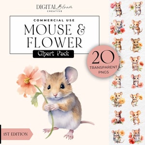Imágenes prediseñadas de ratón y flores, arte de pared para guardería, imágenes de flores y ratones lindos, impresiones digitales, imágenes prediseñadas de la naturaleza, descarga digital, álbum de recortes, uso comercial