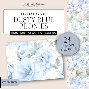 Dusty Blau Pfingstrose Digitales Papier Pastell Pfingstrosen Nahtlose Muster Hintergrund Scrapbooking Textur Blumen Hochzeit Overlay Stoff Blumen Clipart
