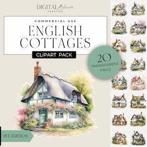 Engelse cottage clipart rieten dak Cottagecore clip art Engelse huizen aquarel png-afbeeldingen graphics sublimatie ontwerpen commercieel gebruik
