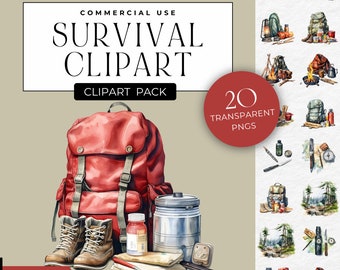 Survival Clipart, Watercolor Camping Equipment, Boy Scouts Clip Art PNG, Hiking Birthday Invitation, Father&#39;s Day, PNG, Commercial Use