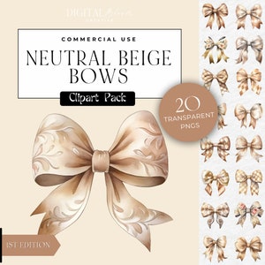 Nastro fiocco Clipart trasparente png, Beige neutro, fiocco coquette acquerello, download digitale, clipart matrimonio scrapbook, uso commerciale