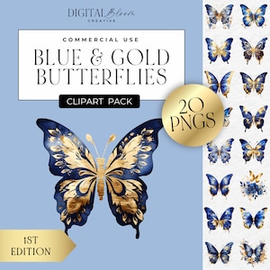 Blau & Gold Schmetterling Clipart, Schmetterlinge Grafiken, transparente PNG Hochzeit einladen, Party Dekoration Social Media Overlay, digitale Clip Art