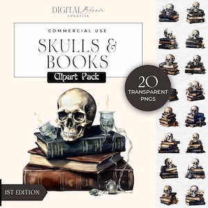 Schedel met boeken clipart, gotische schedels png, spooky zwarte donkere fantasie aquarel graphics betoverde plakboek clip art commercieel gebruik
