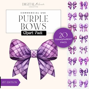Fiocco in coquette acquerello viola, fiocco in nastro clipart trasparente png, clip art di matrimonio multicolore per album, uso commerciale