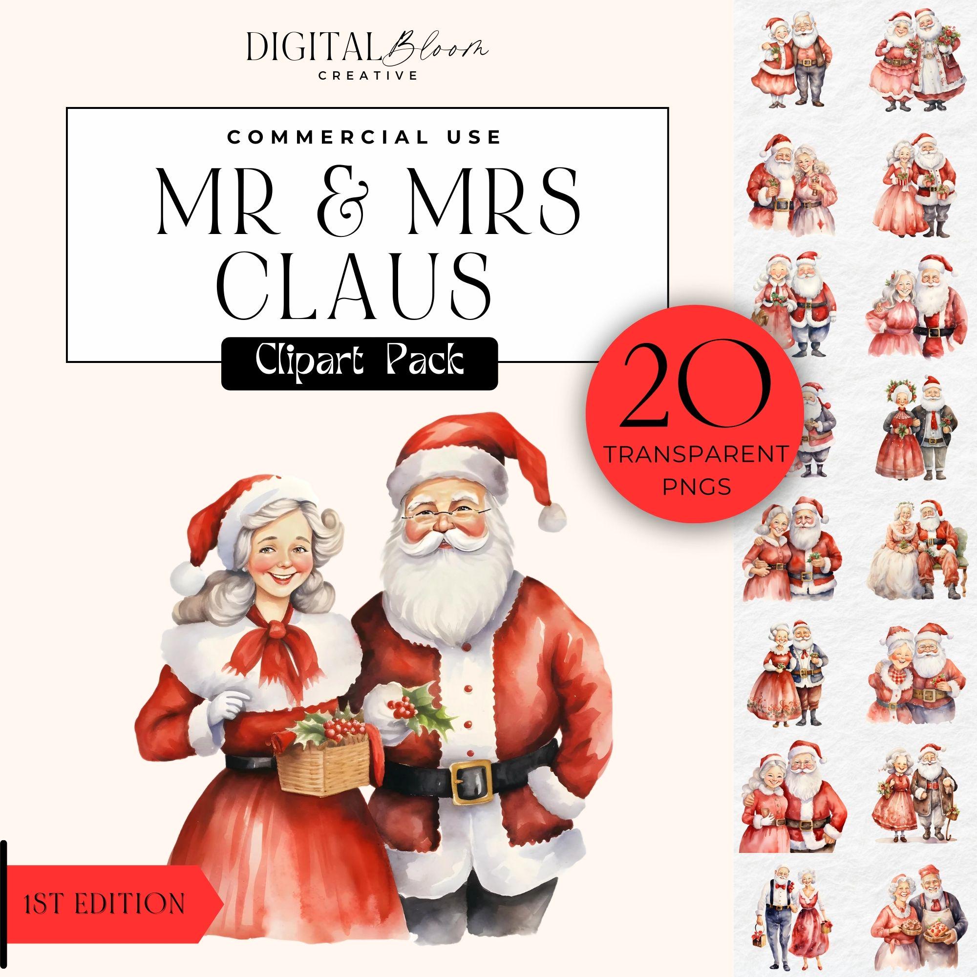 Mr & Mrs Santa Claus Clipart Watercolor Holiday Clip Art PNG Winter Traditional Xmas Snow Festive Illustration Christmas Commercial Use
