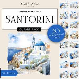 Santorini Clipart Greece Clip Art Watercolor PNG Destination Wedding Greek Images Honeymoon Graphics Travel Sublimation Commercial Use