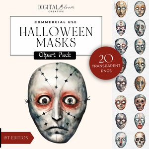 Clipart Halloween masker, Halloween-kostuum, eng gezicht, aquarel, scrapbook-illustraties, sublimatieontwerp, digitale download commercieel gebruik