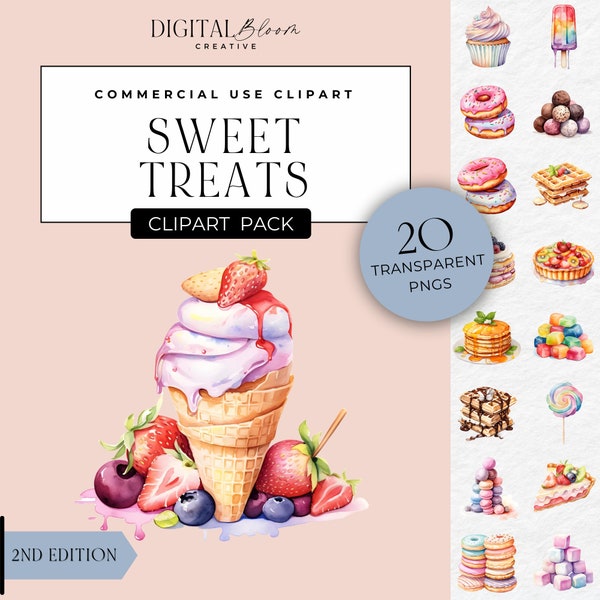 Sweet Treats Watercolor Clipart Chocolate Eclair Pastries Candyland Candies Macarons Cake Biscuits Cookie Lollipop Cheesecake Commercial Use