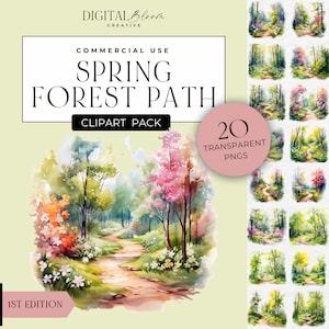 Watercolor Forest Path Clipart, Spring Woodland Landscape Clip Art, Springtime Fantasy Woods, Nature Trees, Transparent PNG, Commercial Use