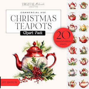 Kerst theepot clipart png printables feestelijke vintage aquarel vakantie ongewenste tijdschrift seizoensgebonden illustraties bundel commercieel gebruik