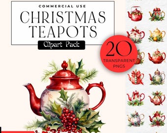 Christmas Teapot Clipart Png Printables Festive Vintage Watercolor Holiday Junk Journal Seasonal Clip Art Commercial Use Bundle