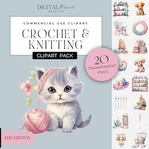 Häkelnadel Clipart Aquarell Strickzubehör Clip Art Winter Welpe Bild Wollpuppe Illustration Gehäkelte Blumen Faden Garn Wolle