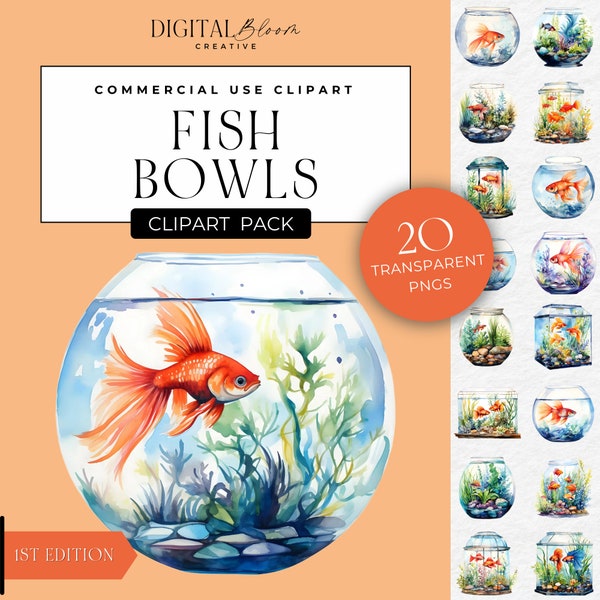 Fish Bowl Clipart Pet Goldfish Tank Aquarium Clip Art PNG Colorful Fishes Graphics Party Invite Images Digital Download Commercial Use