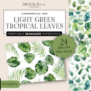 Foglie tropicali verde chiaro Carta digitale Organic Summer Palm Leaf Seamless Patterns Esotico sfondo acquerello Scrapbook Uso commerciale