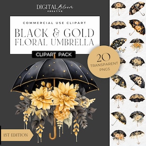 Noir & or Floral baby shower parapluie Clipart PNG graphiques inviter Party Decor Images Clip Art numérique téléchargement immédiat usage commercial