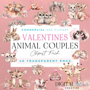 Parejas de animales lindos en acuarela, San Valentín, primavera, paquete, clipart para uso comercial, PNG transparentes, arte infantil, perro, gato, pájaros del amor