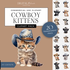 Cowboy Kätzchen Clipart, Aquarell Katze mit Hut, Western Haustiere Clip Art PNG, süße Kitty Sublimation Tier Geburtstagseinladung, kommerzielle Nutzung