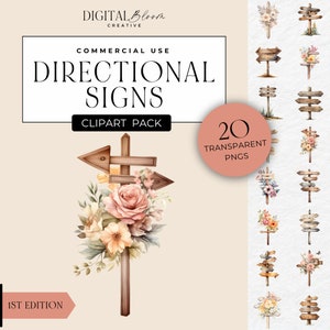 Clipart richtingaanwijzer, aquarel houten bord illustraties, verkeersborden png, Cottagecore-graphics, bloemen wegpijlafbeeldingen, commercieel gebruik