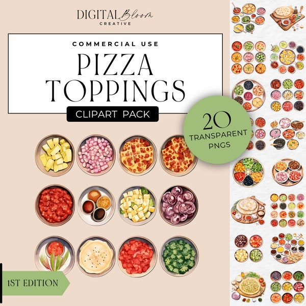 Pizza Toppings Clipart Food Bowls PNG Graphics Baking Party Invite Cooking Clip Art Italian Chef Ingredients Digital Download Commercial Use