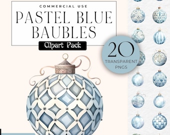 Pastel Blue Christmas Bauble Png Winter Décor Watercolor Ornament Xmas Scrapbook Images Seasonal Clip Art, Commercial Use Bundle