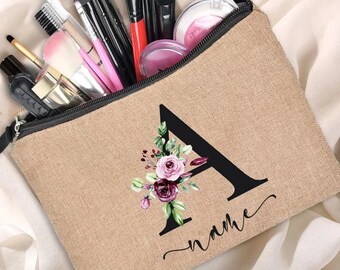 Borsa per trucco sostenibile con nome personalizzato personalizzato con elastico per capelli, borsa per trucco carina regalo per addio al nubilato, borsa per trucco da viaggio, borsa da toilette