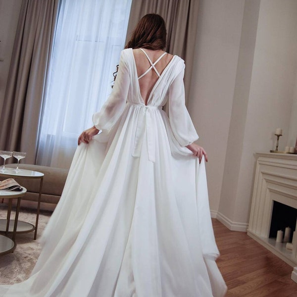 Simple wedding dress, Bohemian gown, Modest Wedding Dress, Open Back Dress, Airy Dress,chiffon dress, elopement dress, reception dress