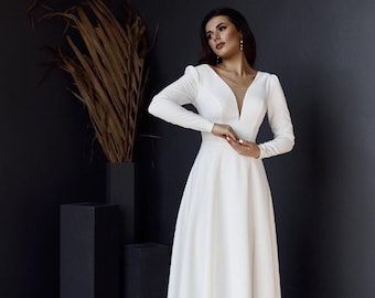 Midi Wedding Dress, Minimalist A-Line French Crepe Bridal Gown