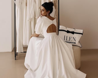 Ivory Crepe Midi Wedding Dress, Bateau Neckline, Open Back - Etsy