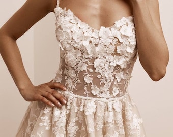 A Short Bridal Gown Blooming with 3D Flowers and Crystal Embellishments, Made to Your Measurements