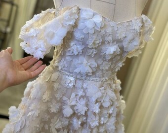 Short Wedding Dress Floral Lace, 3D Flower Bridal Dress, Off Shoulder Mini Gown Short Wedding Dress Floral Lace, 3D Flower Bridal Dress, Off Shoulder Mini Gown
