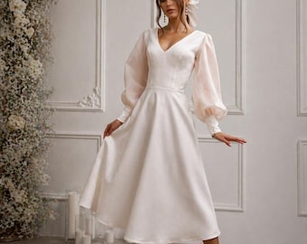 Ivory Wedding Dress, Puff Sleeve Bridal Gown, Tea Length A Line Civil Wedding Dress