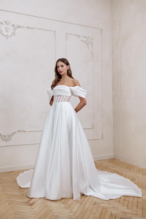 fairy corset wedding dresses Off shoulder fairy corset drop waist wedding dress, custom unique cour