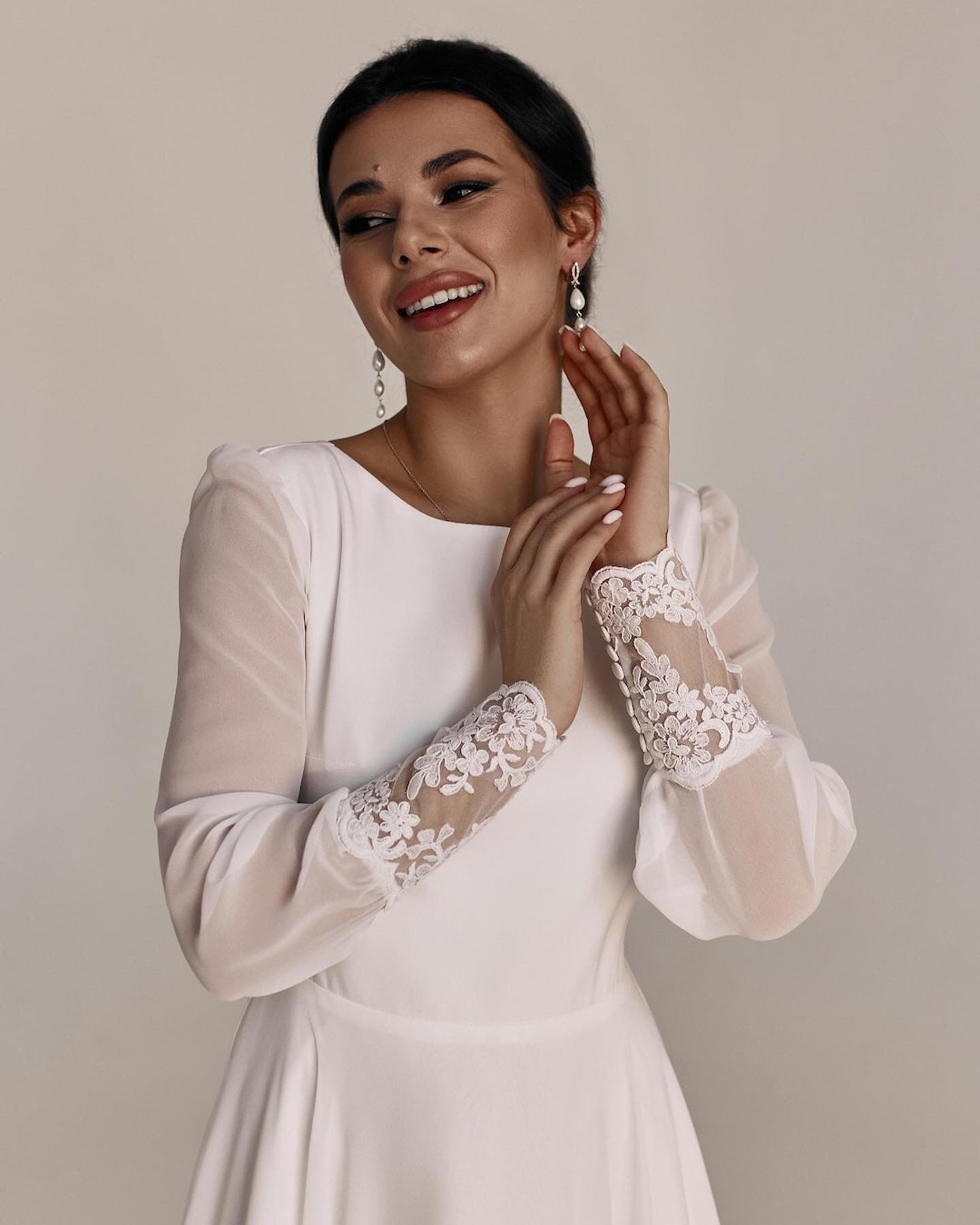 wedding dress long flowy sleeves A-line Lace Sleeves Satin Wedding Dress