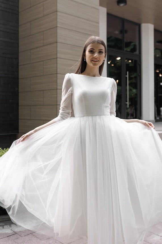 beautiful a line dresses Vintage Satin Wedding Dress Modest Long Sleeves Muslim Princess A Line –  Msikoods Official Store main image 1