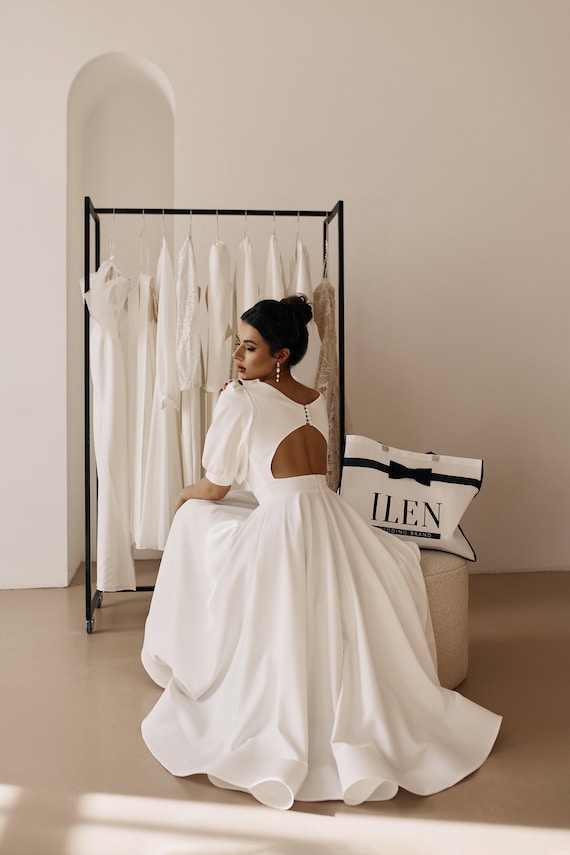 Ivory Crepe Midi Wedding Dress, Open Back, Bohemian Bridal Shower Dress
