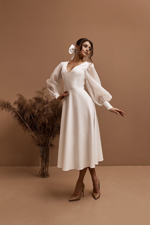 Midi Wedding Dress Sheer Sleeves, Long Sleeve Bridal Gown, Minimalist Ceremony Dress